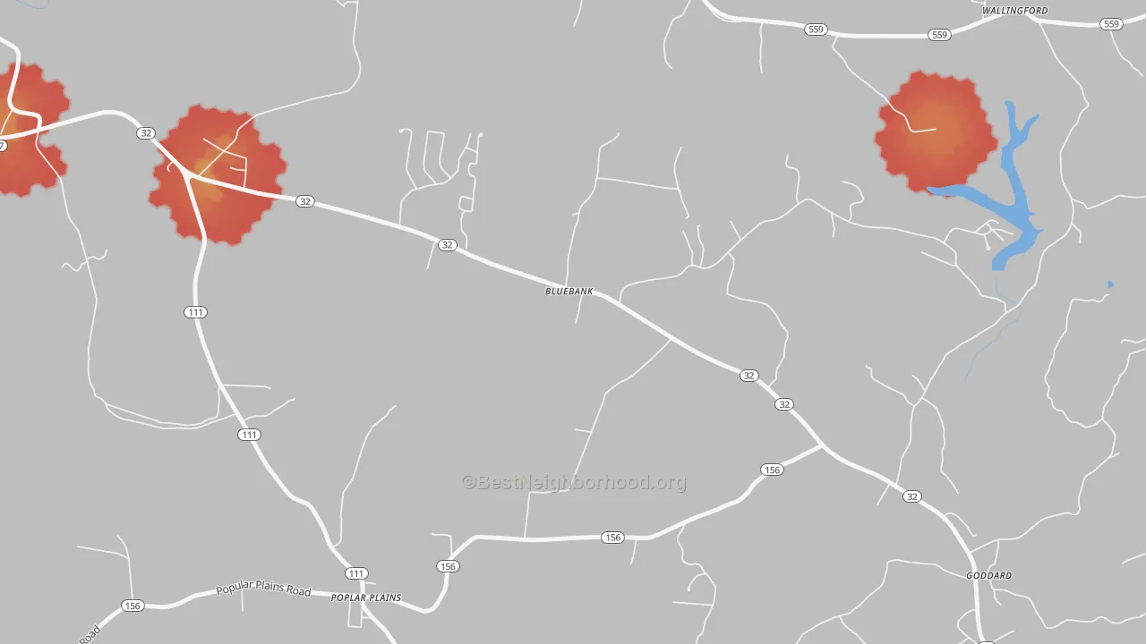 Walk Grade map of Bluebank, KY, walkable areas in green and car-dependent areas in red