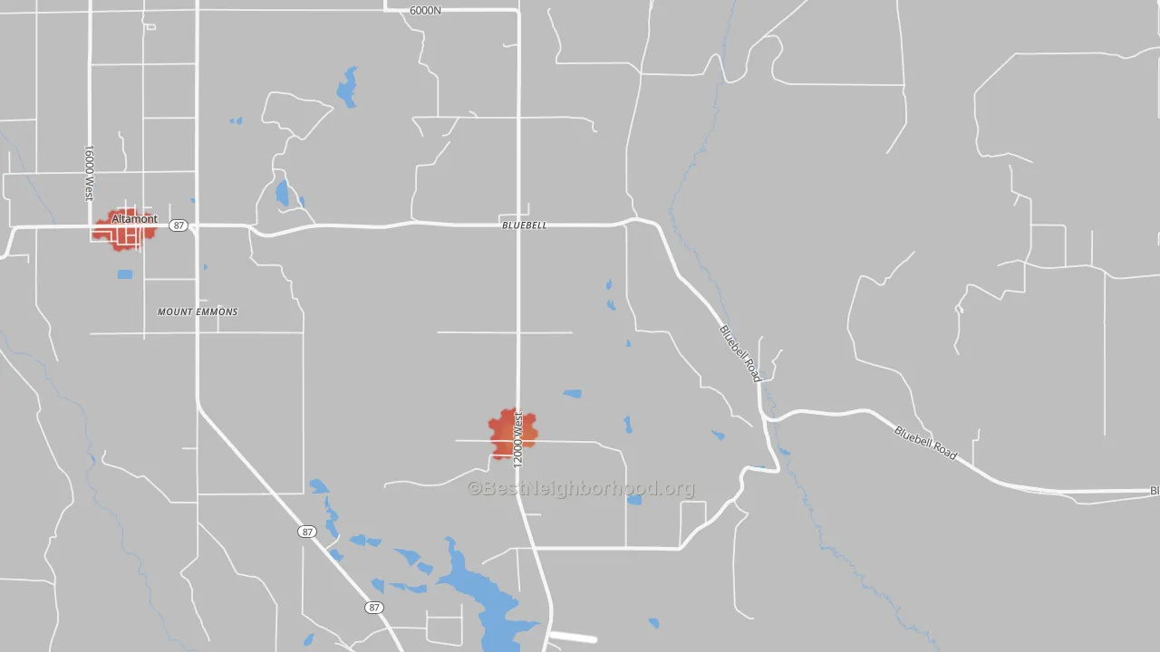 Walk Grade map of Bluebell, UT, walkable areas in green and car-dependent areas in red
