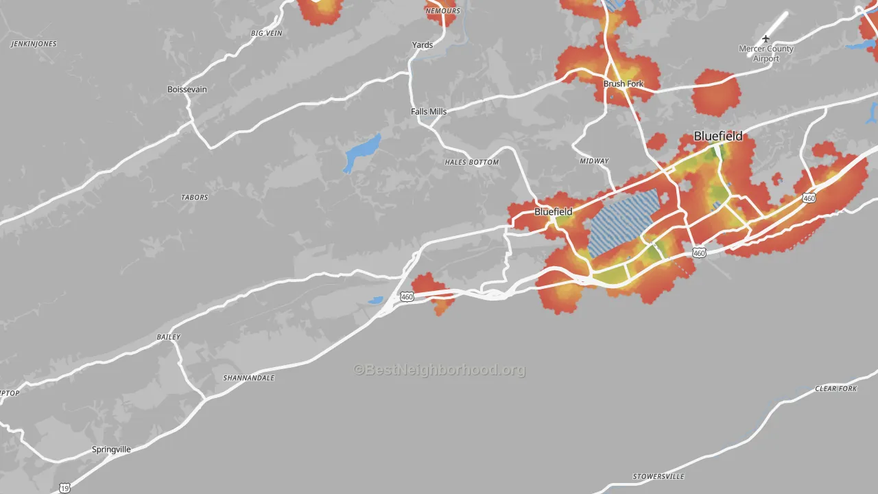 Walk Grade map of Bluefield, VA, walkable areas in green and car-dependent areas in red