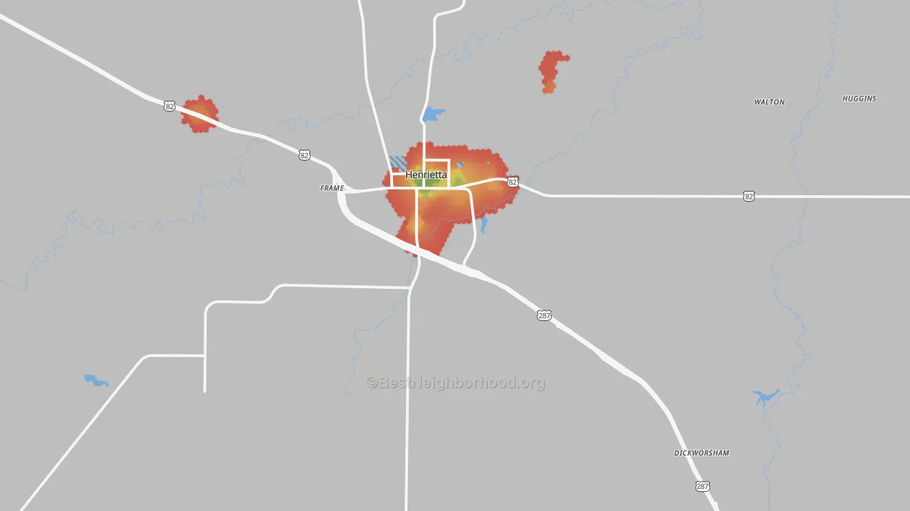 Walk Grade map of Bluegrove, TX, walkable areas in green and car-dependent areas in red