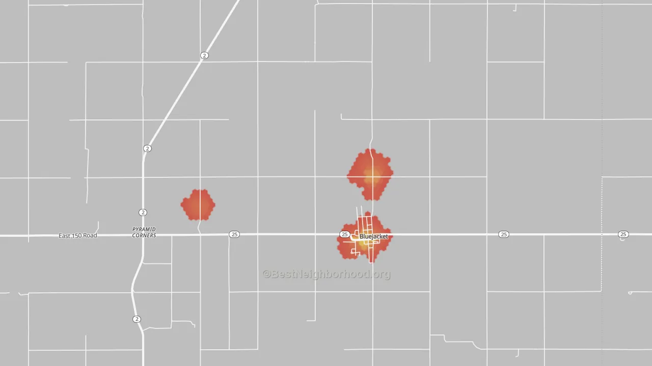 Walk Grade map of Bluejacket, OK, walkable areas in green and car-dependent areas in red