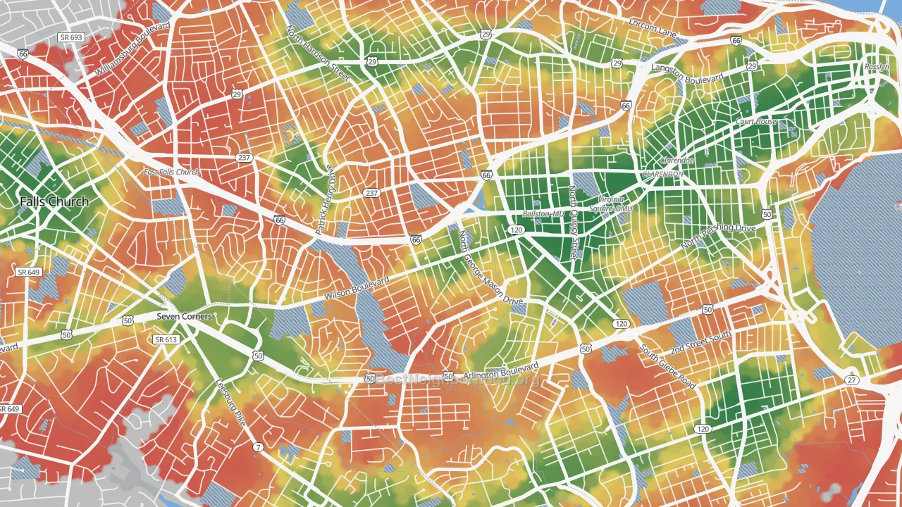 Walk Grade map of Bluemont, Arlington, VA, walkable areas in green and car-dependent areas in red