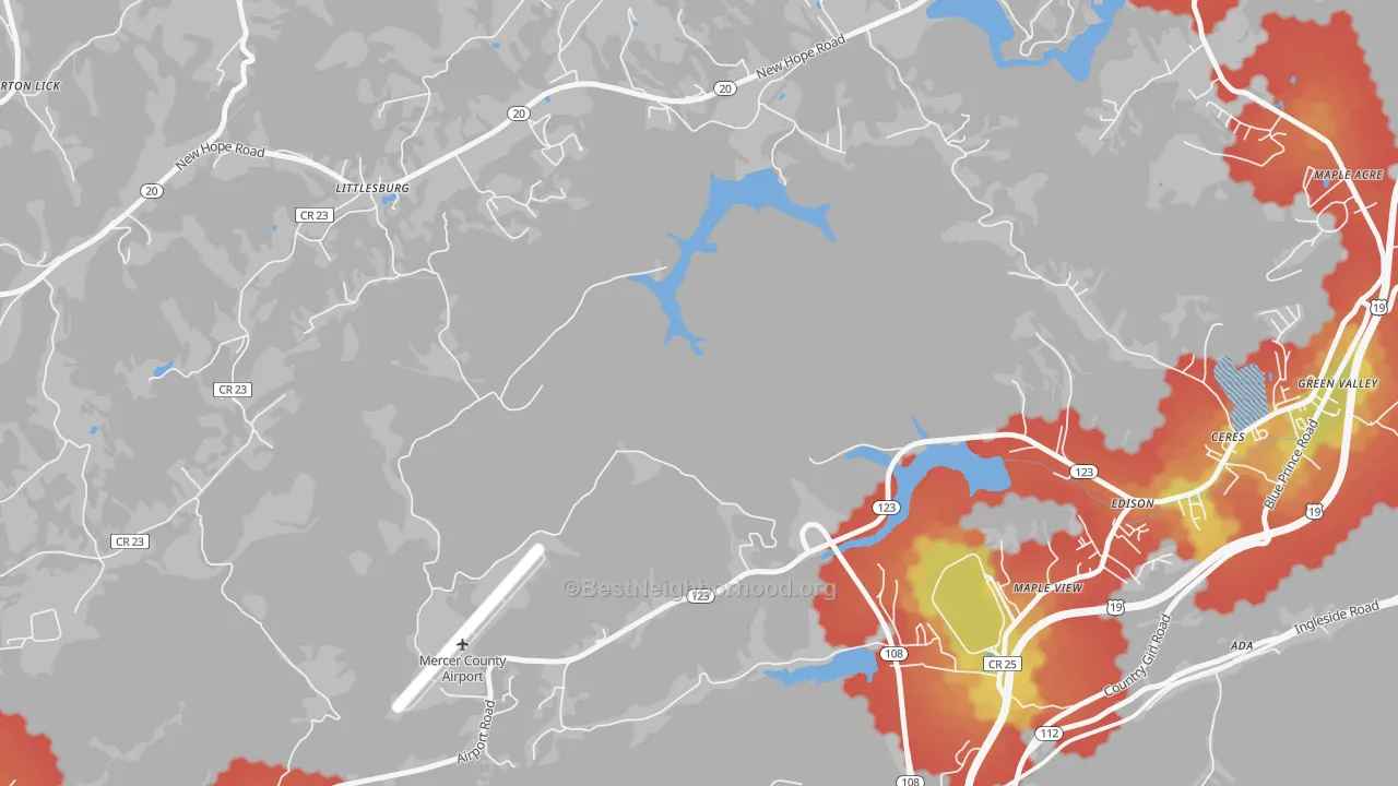 Walk Grade map of Bluestone, WV, walkable areas in green and car-dependent areas in red