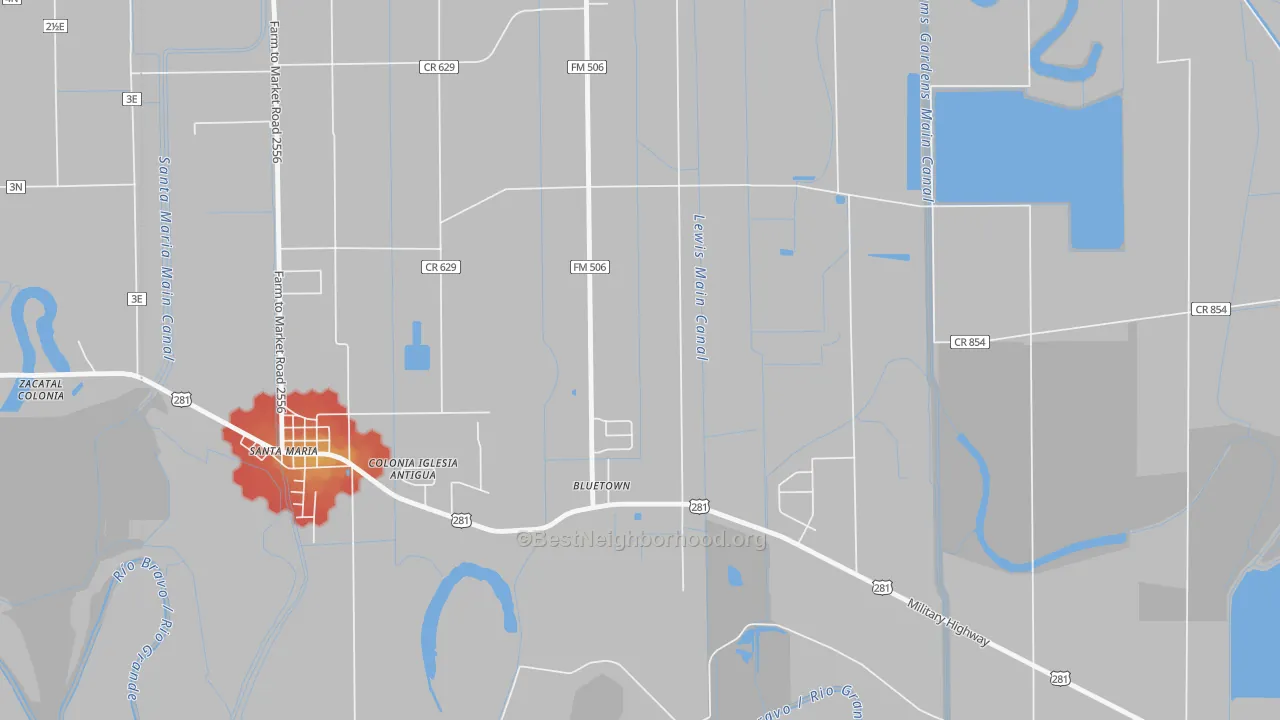 Walk Grade map of Bluetown, TX, walkable areas in green and car-dependent areas in red