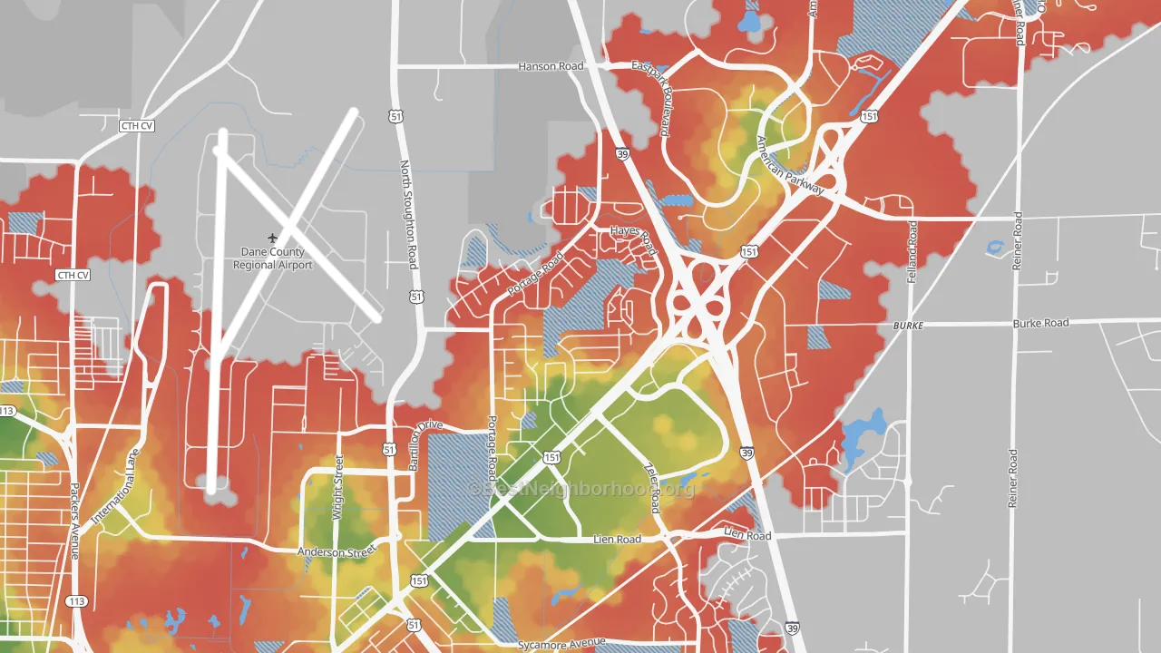Walk Grade map of Bluff Acres, Madison, WI, walkable areas in green and car-dependent areas in red