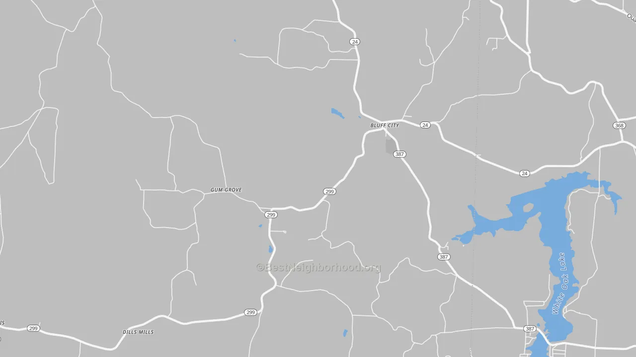 Walk Grade map of Bluff City, AR, walkable areas in green and car-dependent areas in red
