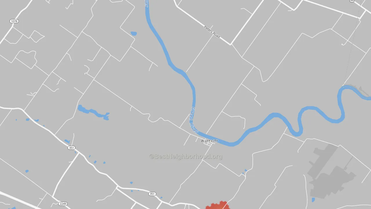Walk Grade map of Bluff City, KY, walkable areas in green and car-dependent areas in red