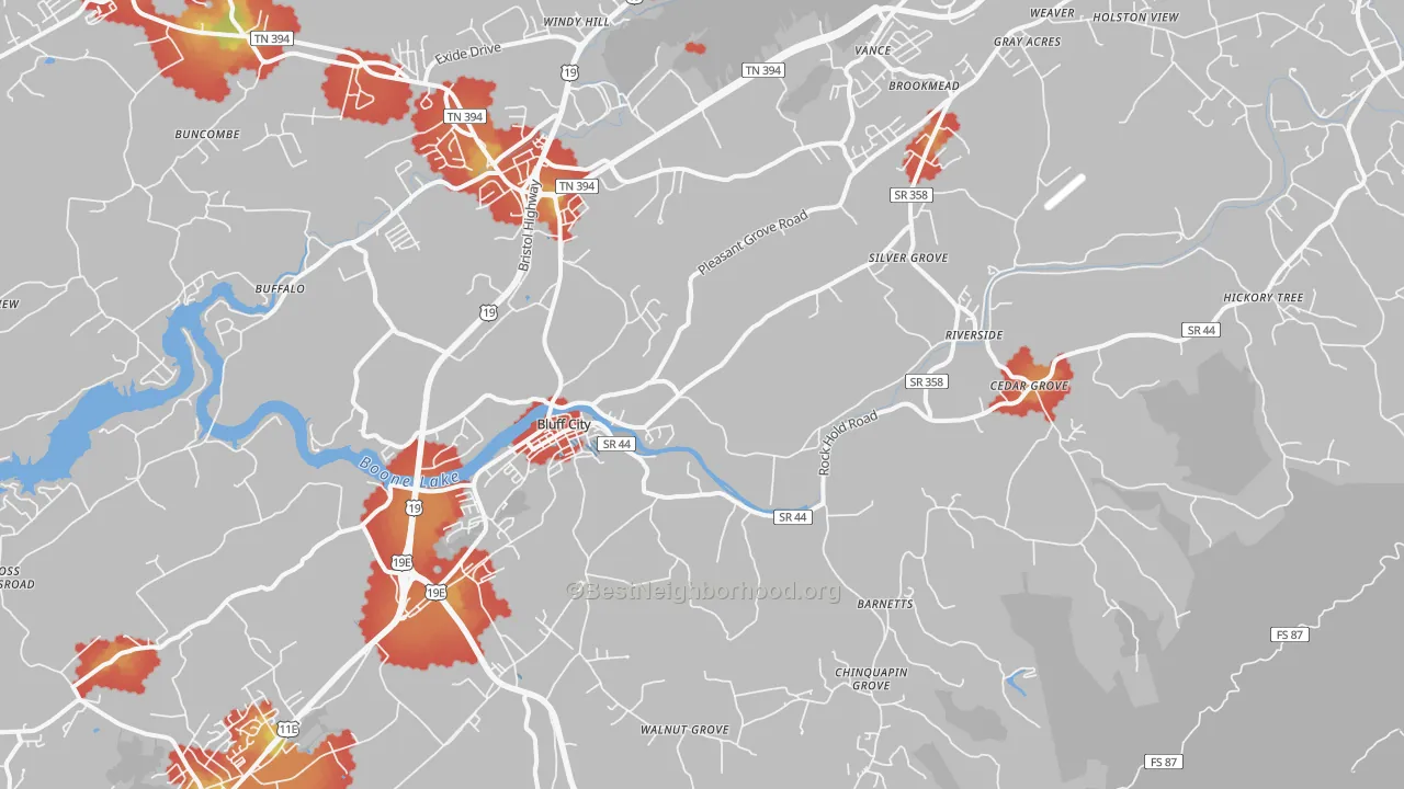 Walk Grade map of Bluff City, TN, walkable areas in green and car-dependent areas in red