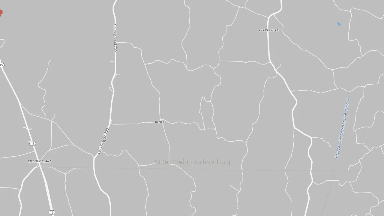 Walk Grade map of Bluff, MS, walkable areas in green and car-dependent areas in red