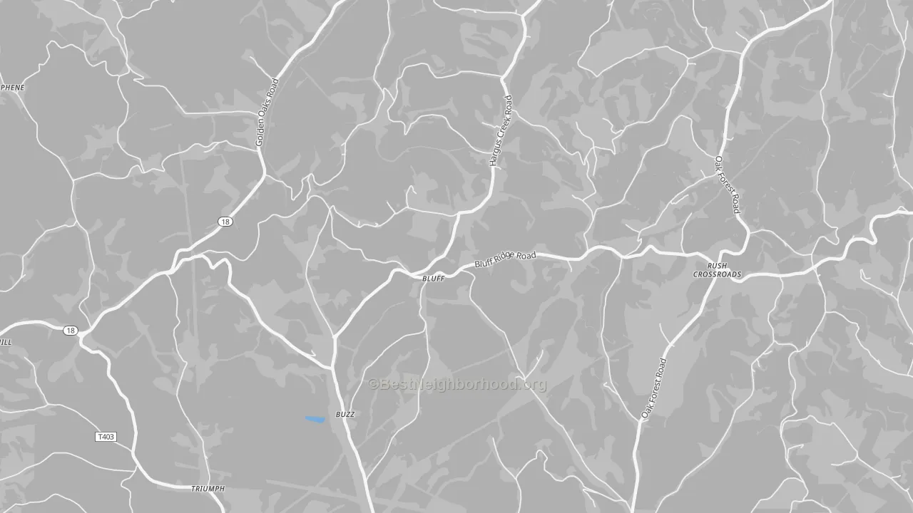 Walk Grade map of Bluff, PA, walkable areas in green and car-dependent areas in red