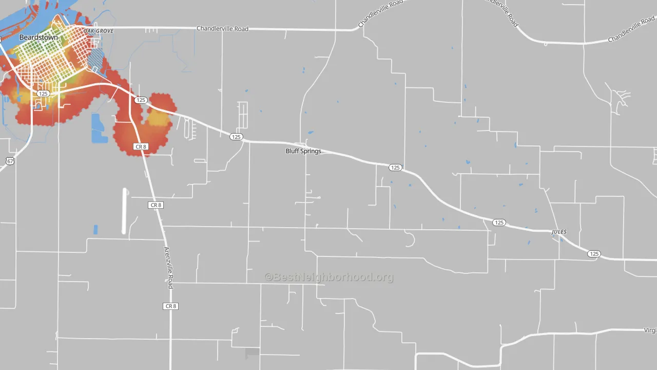 Walk Grade map of Bluff Springs, IL, walkable areas in green and car-dependent areas in red