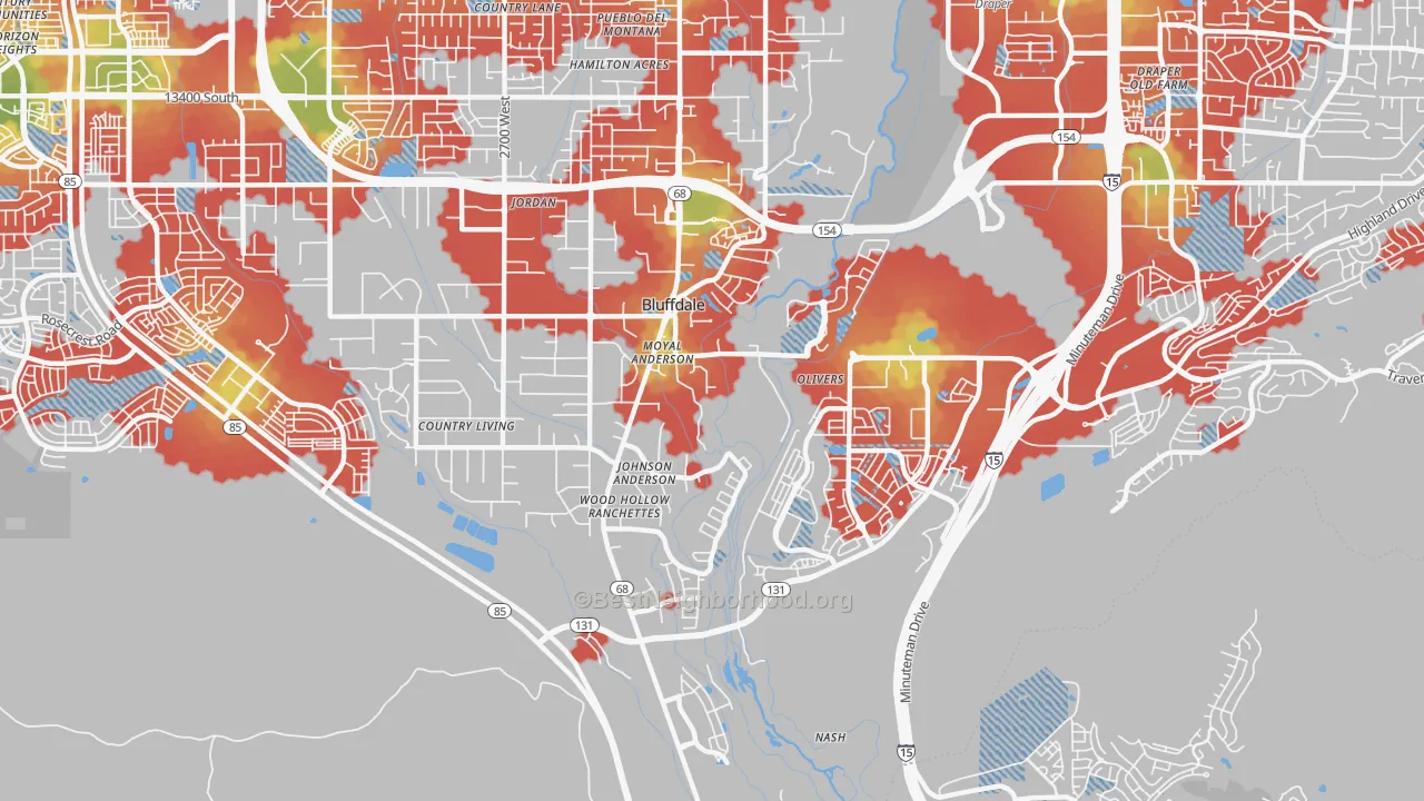 Walk Grade map of Bluffdale, UT, walkable areas in green and car-dependent areas in red