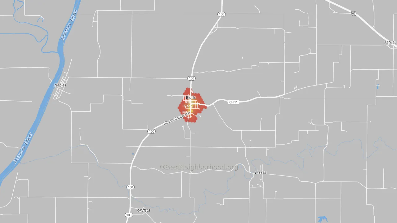 Walk Grade map of Bluffs, IL, walkable areas in green and car-dependent areas in red