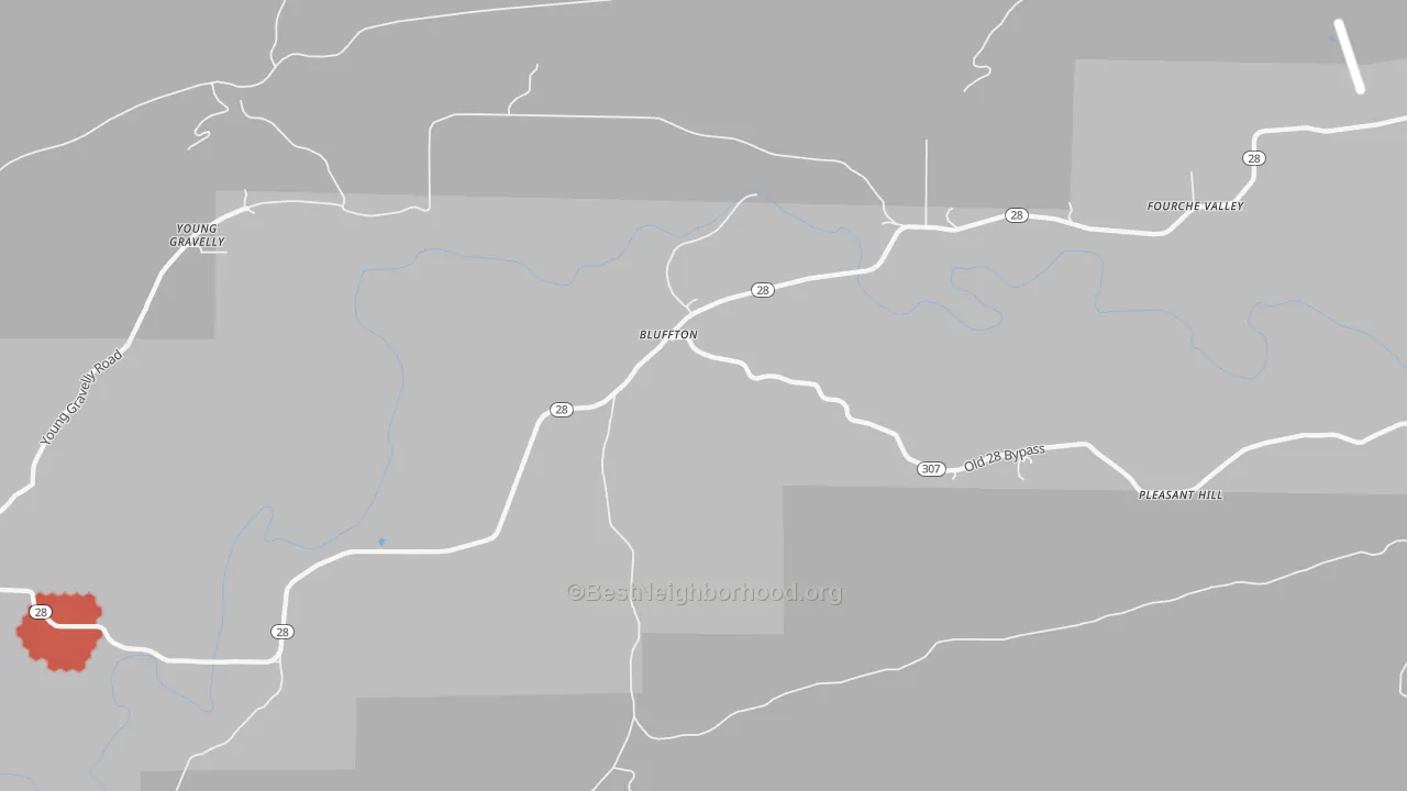 Walk Grade map of Bluffton, AR, walkable areas in green and car-dependent areas in red