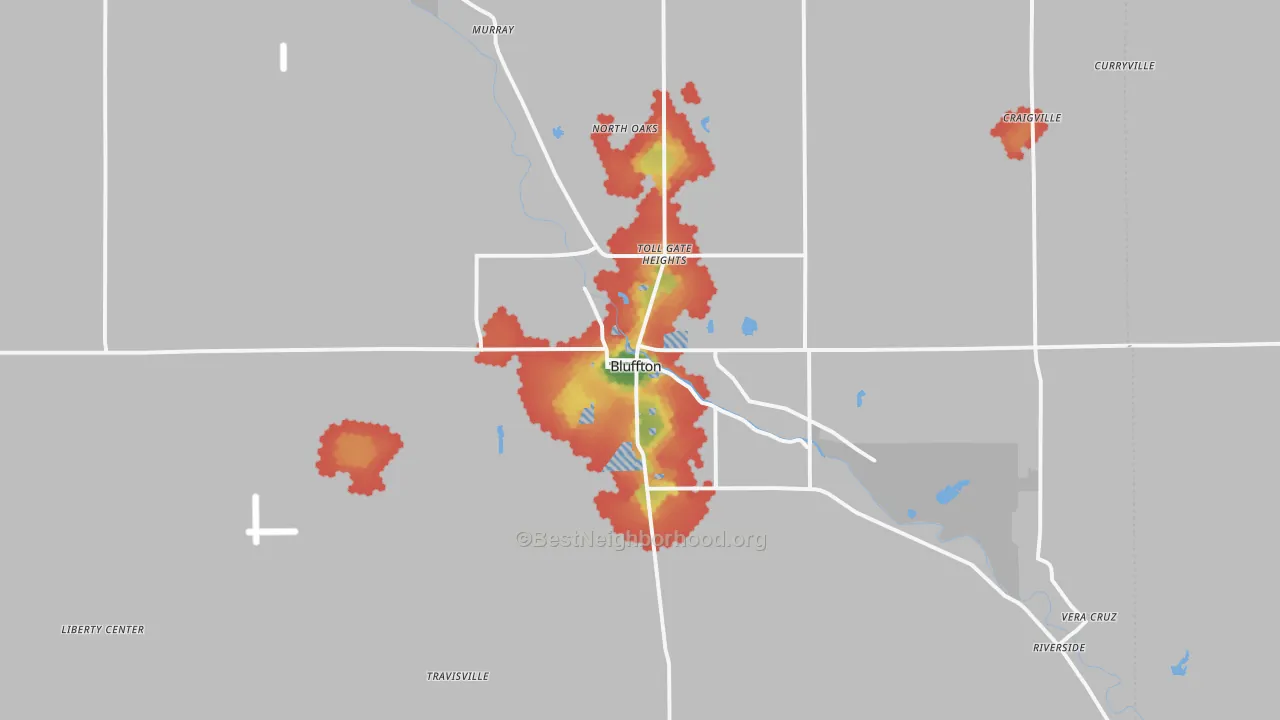 Walk Grade map of Bluffton, IN, walkable areas in green and car-dependent areas in red