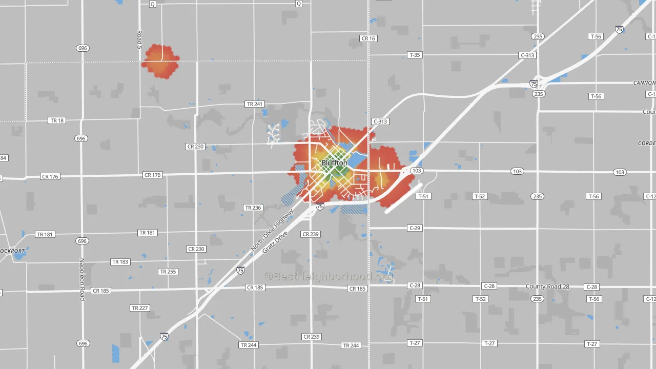Walk Grade map of Bluffton, OH, walkable areas in green and car-dependent areas in red
