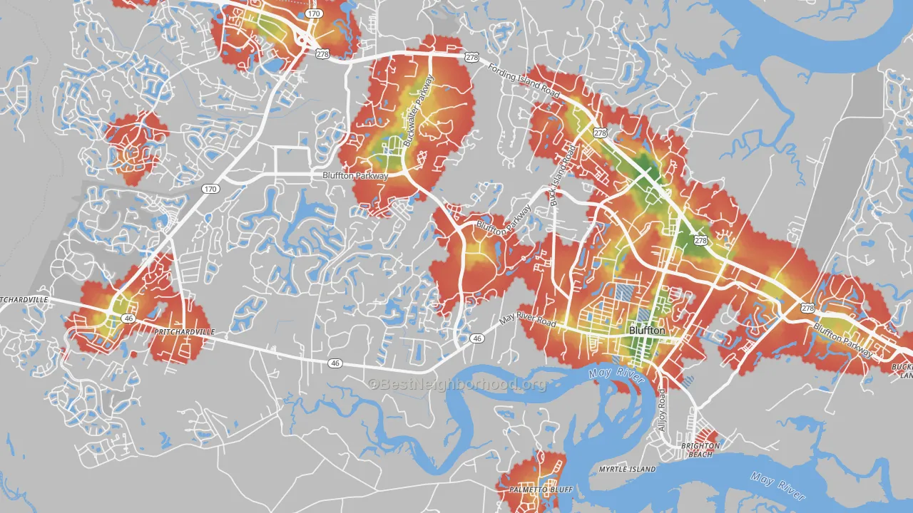 Walk Grade map of Bluffton, SC, walkable areas in green and car-dependent areas in red