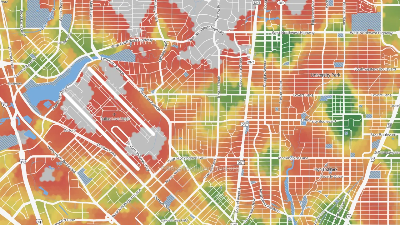Walk Grade map of Bluffview, Dallas, TX, walkable areas in green and car-dependent areas in red
