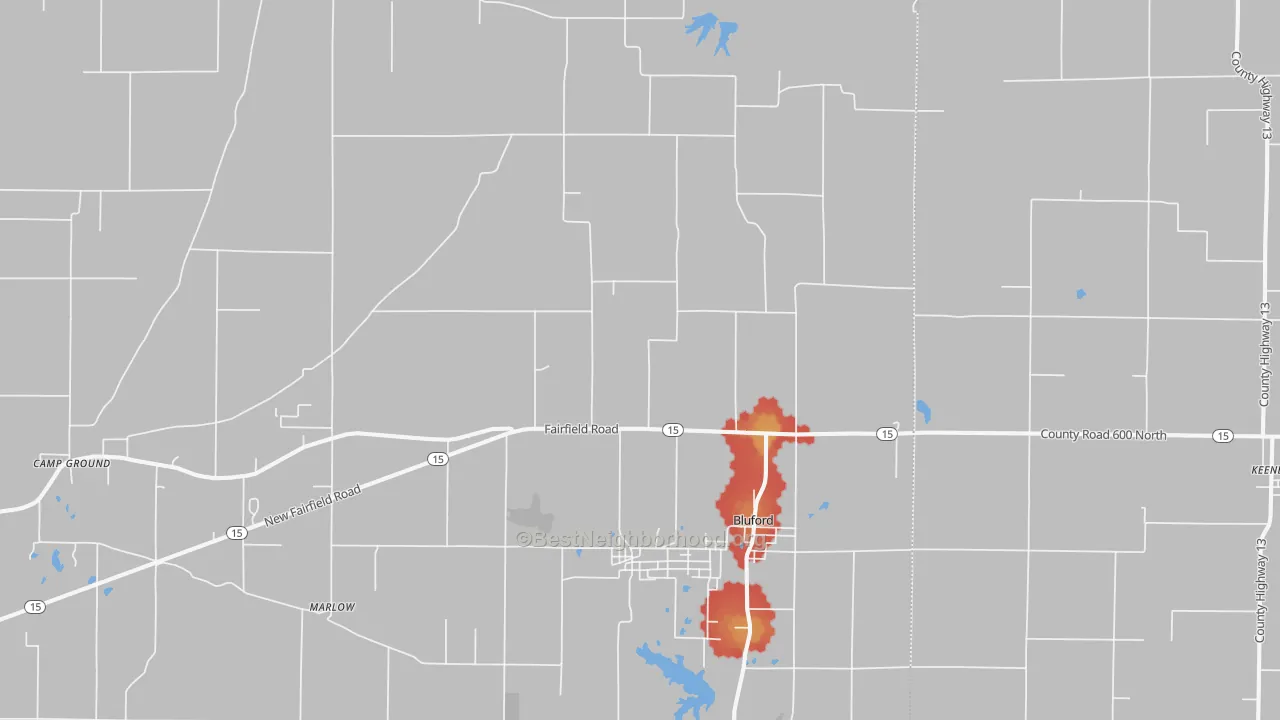Walk Grade map of Bluford, IL, walkable areas in green and car-dependent areas in red