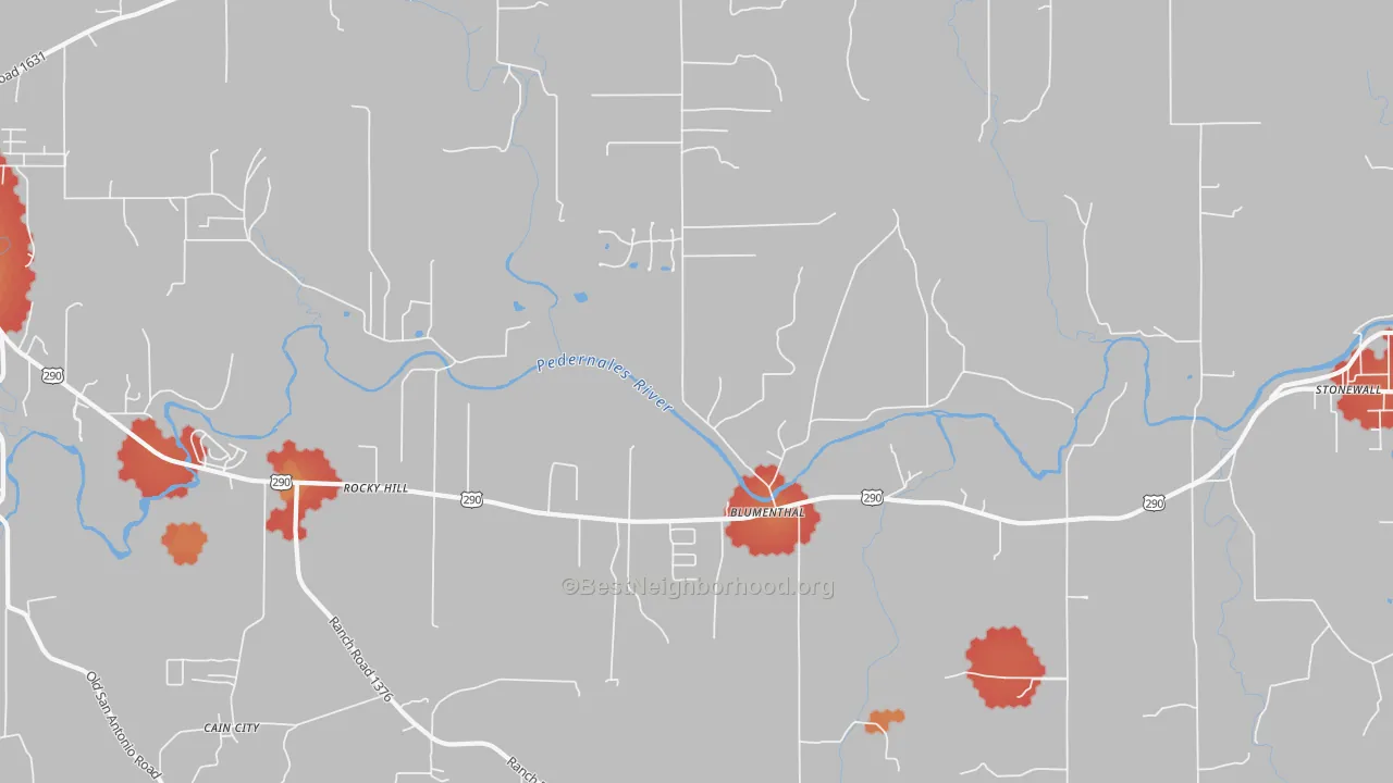 Walk Grade map of Blumenthal, TX, walkable areas in green and car-dependent areas in red