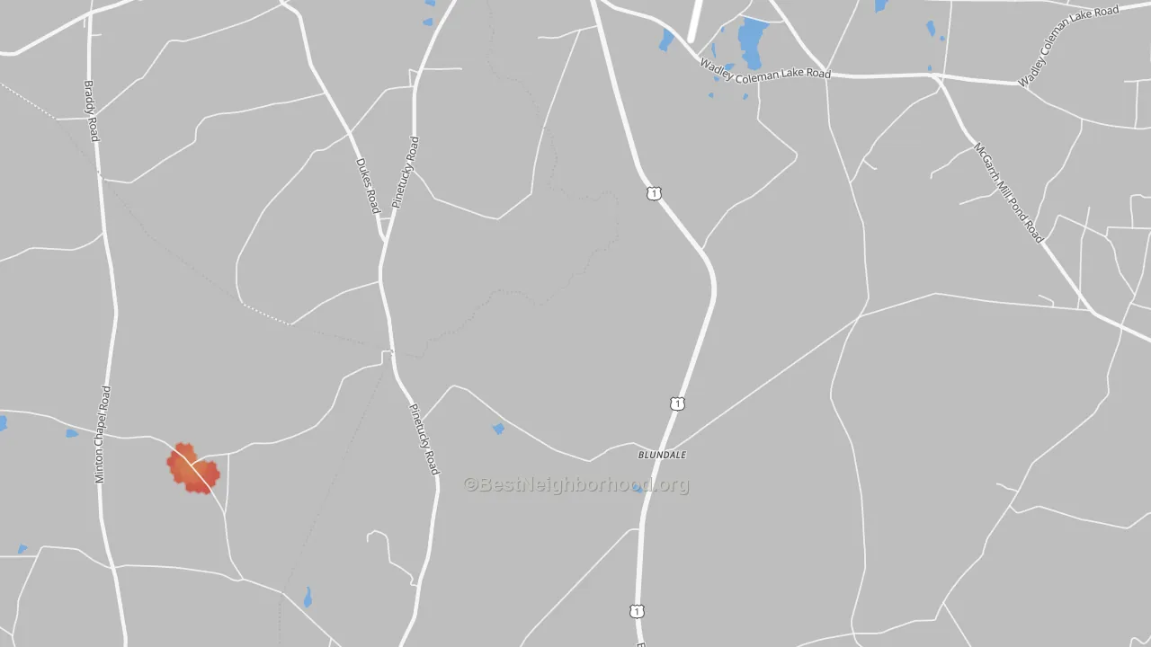Walk Grade map of Blundale, GA, walkable areas in green and car-dependent areas in red