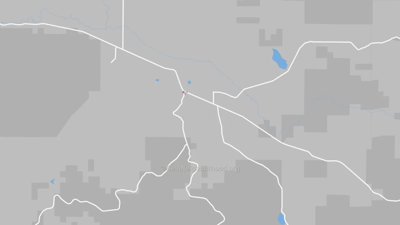 Walk Grade map of Bly, OR, walkable areas in green and car-dependent areas in red