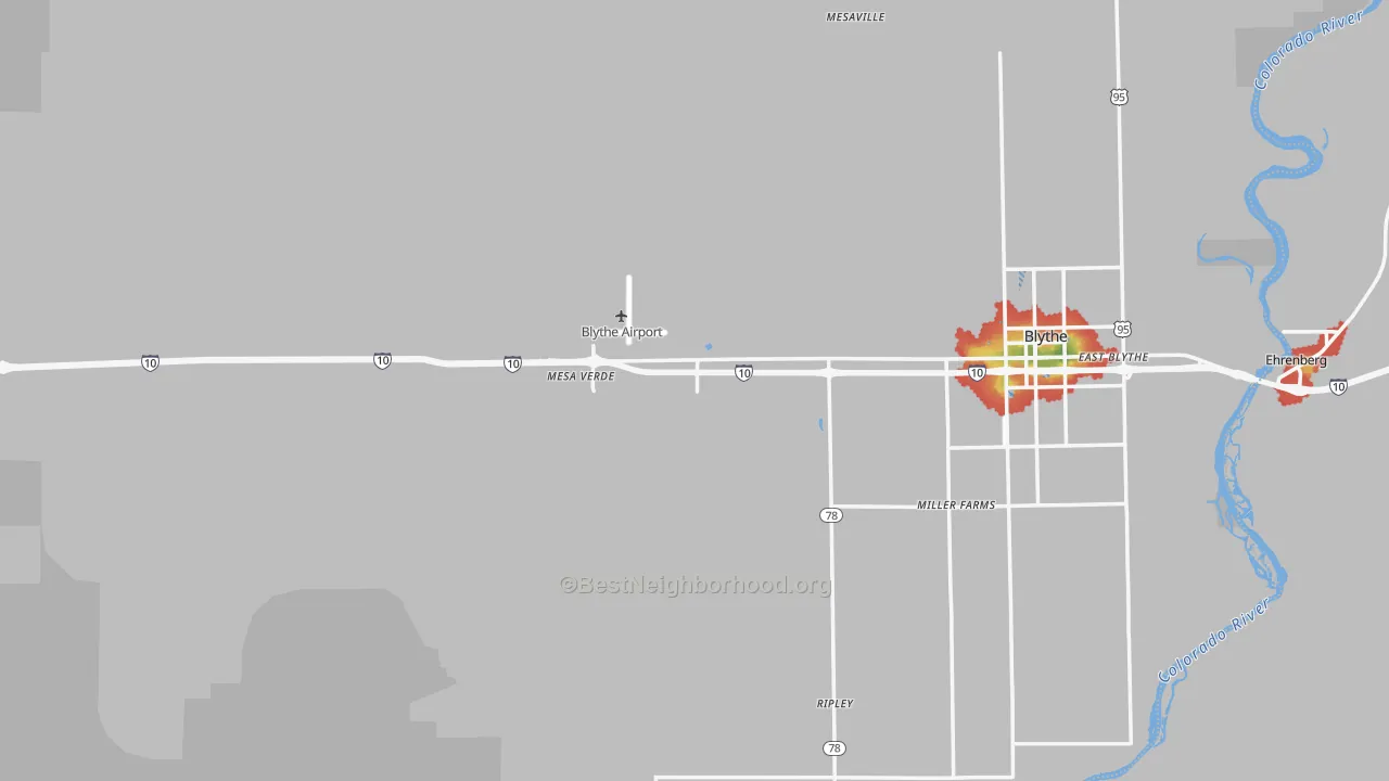 Walk Grade map of Blythe, CA, walkable areas in green and car-dependent areas in red