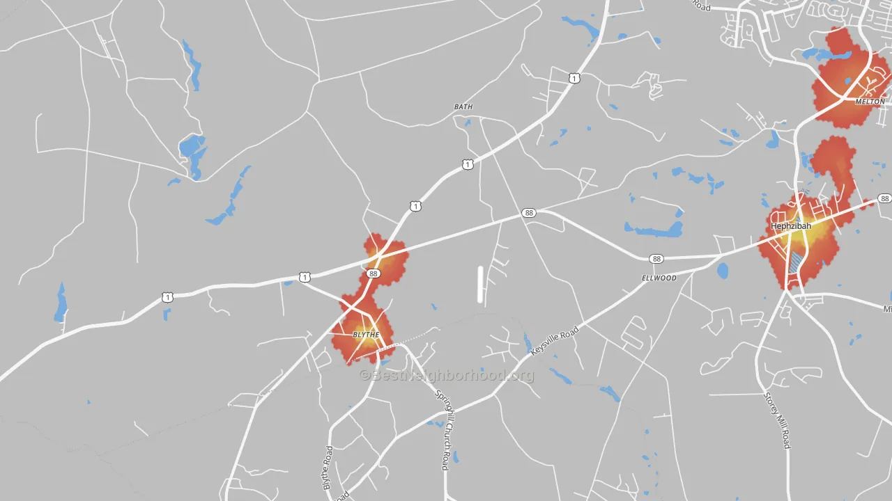 Walk Grade map of Blythe, GA, walkable areas in green and car-dependent areas in red