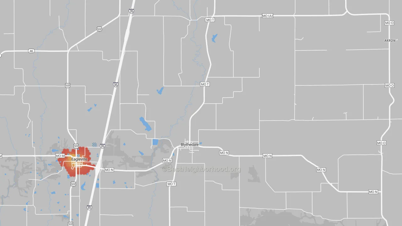 Walk Grade map of Blythedale, MO, walkable areas in green and car-dependent areas in red