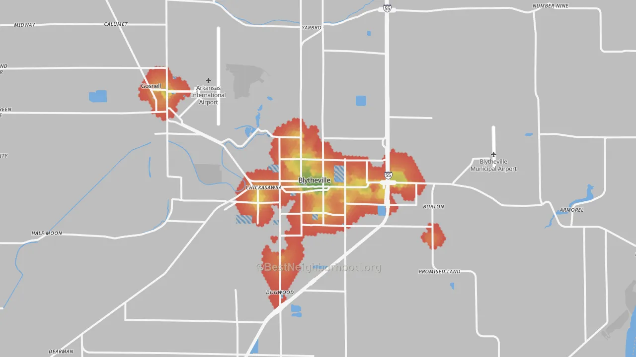 Walk Grade map of Blytheville, AR, walkable areas in green and car-dependent areas in red