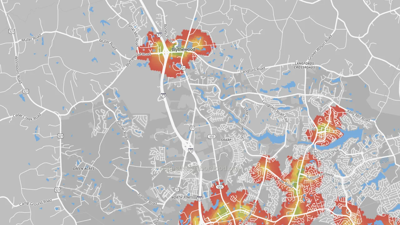 Walk Grade map of Blythewood, SC, walkable areas in green and car-dependent areas in red