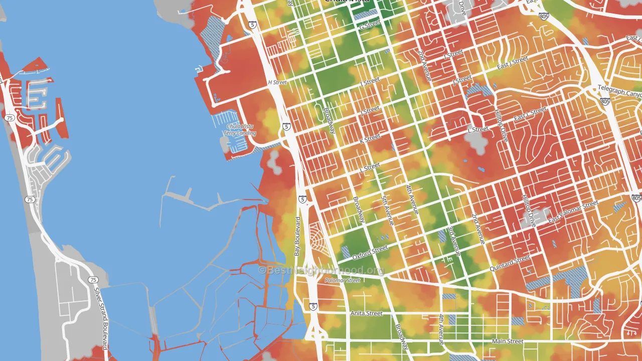 Walk Grade map of Boal, Chula Vista, CA, walkable areas in green and car-dependent areas in red