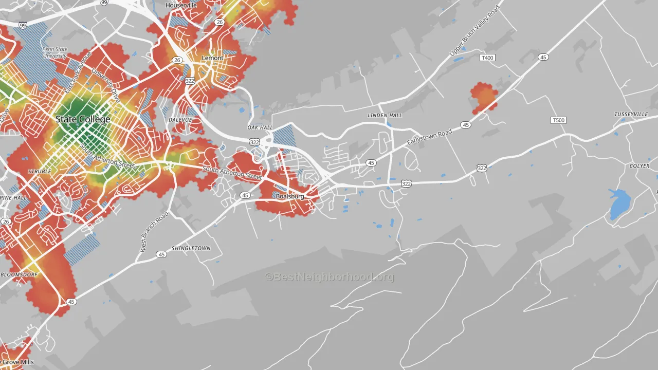 Walk Grade map of Boalsburg, PA, walkable areas in green and car-dependent areas in red