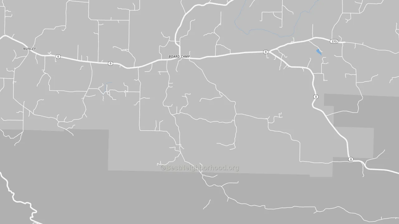 Walk Grade map of Board Camp, AR, walkable areas in green and car-dependent areas in red