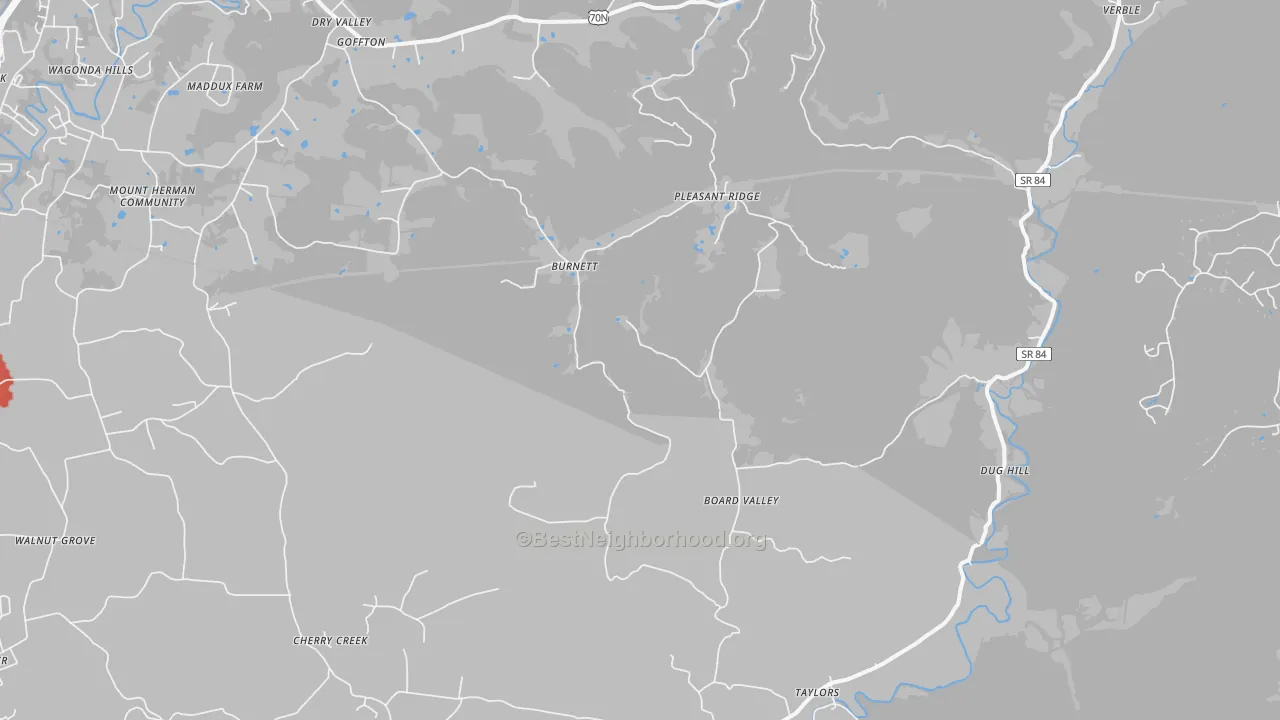 Walk Grade map of Board Valley, TN, walkable areas in green and car-dependent areas in red