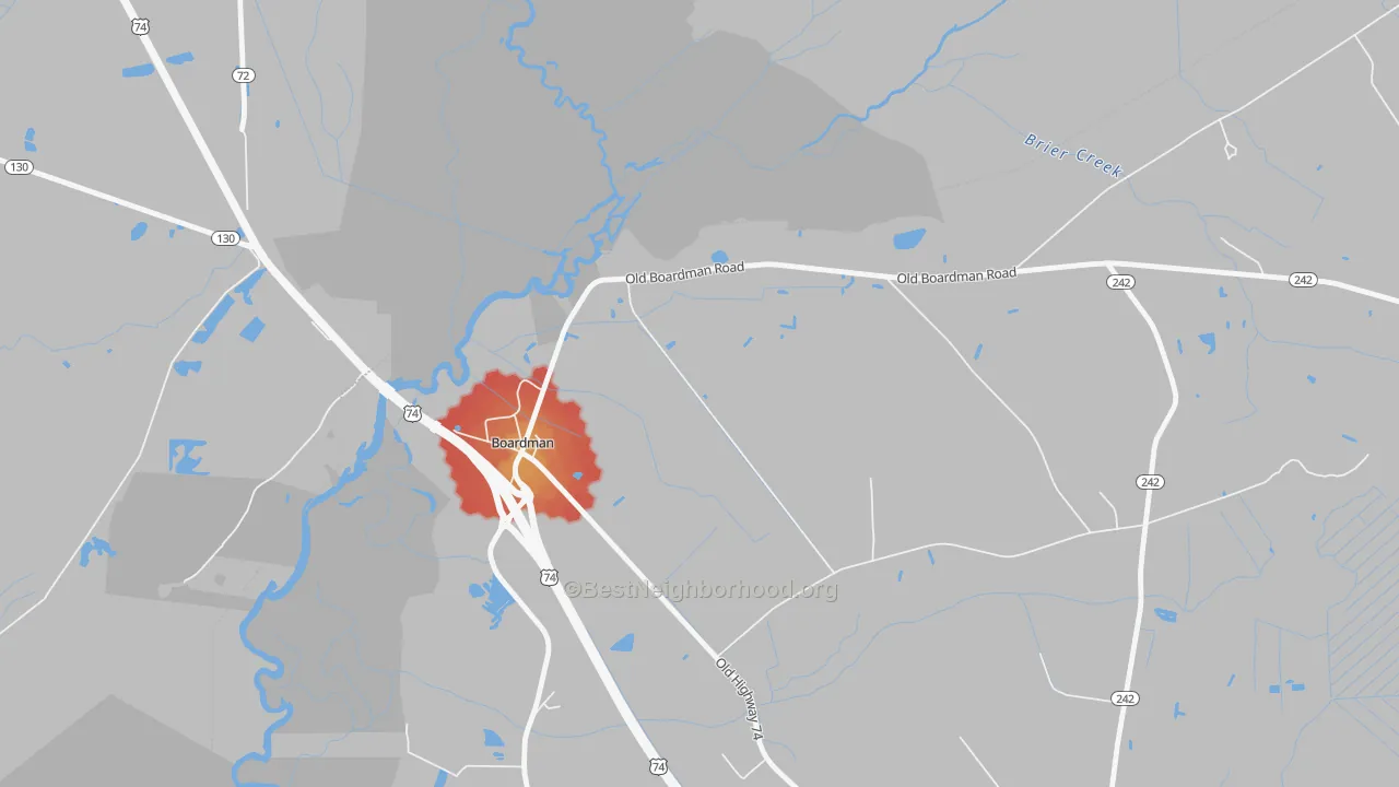 Walk Grade map of Boardman, NC, walkable areas in green and car-dependent areas in red