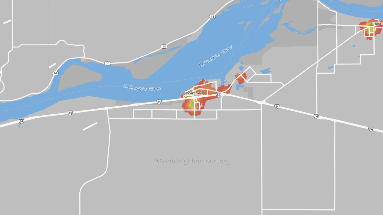 Walk Grade map of Boardman, OR, walkable areas in green and car-dependent areas in red