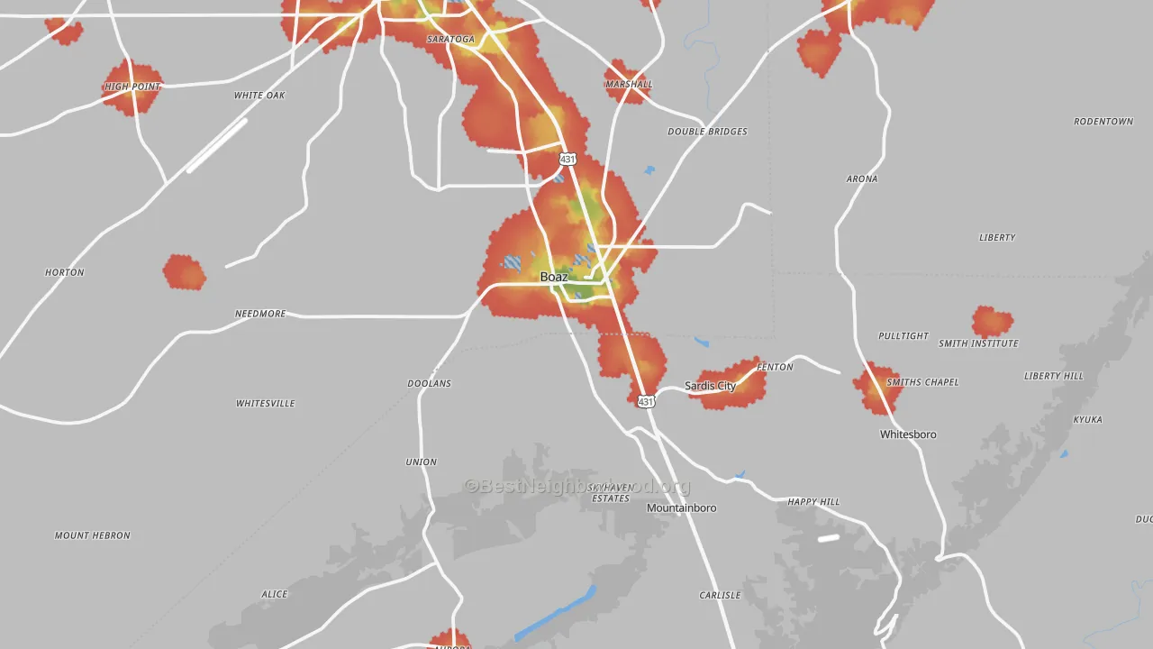 Walk Grade map of Boaz, AL, walkable areas in green and car-dependent areas in red