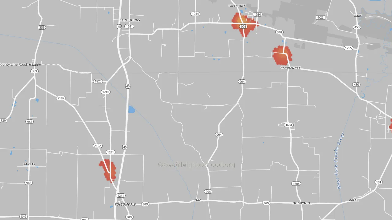 Walk Grade map of Boaz, KY, walkable areas in green and car-dependent areas in red