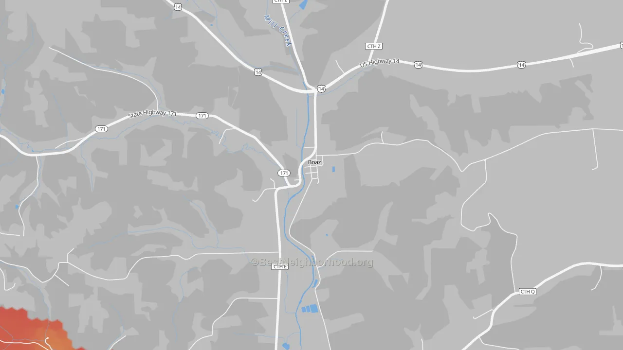 Walk Grade map of Boaz, WI, walkable areas in green and car-dependent areas in red