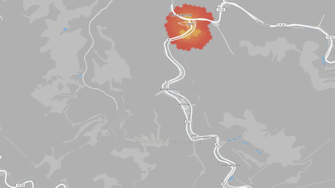 Walk Grade map of Bob White, WV, walkable areas in green and car-dependent areas in red