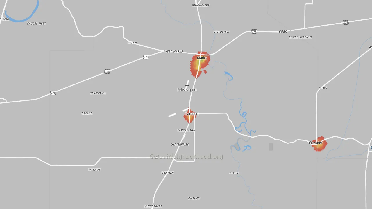Walk Grade map of Bobo, MS, walkable areas in green and car-dependent areas in red
