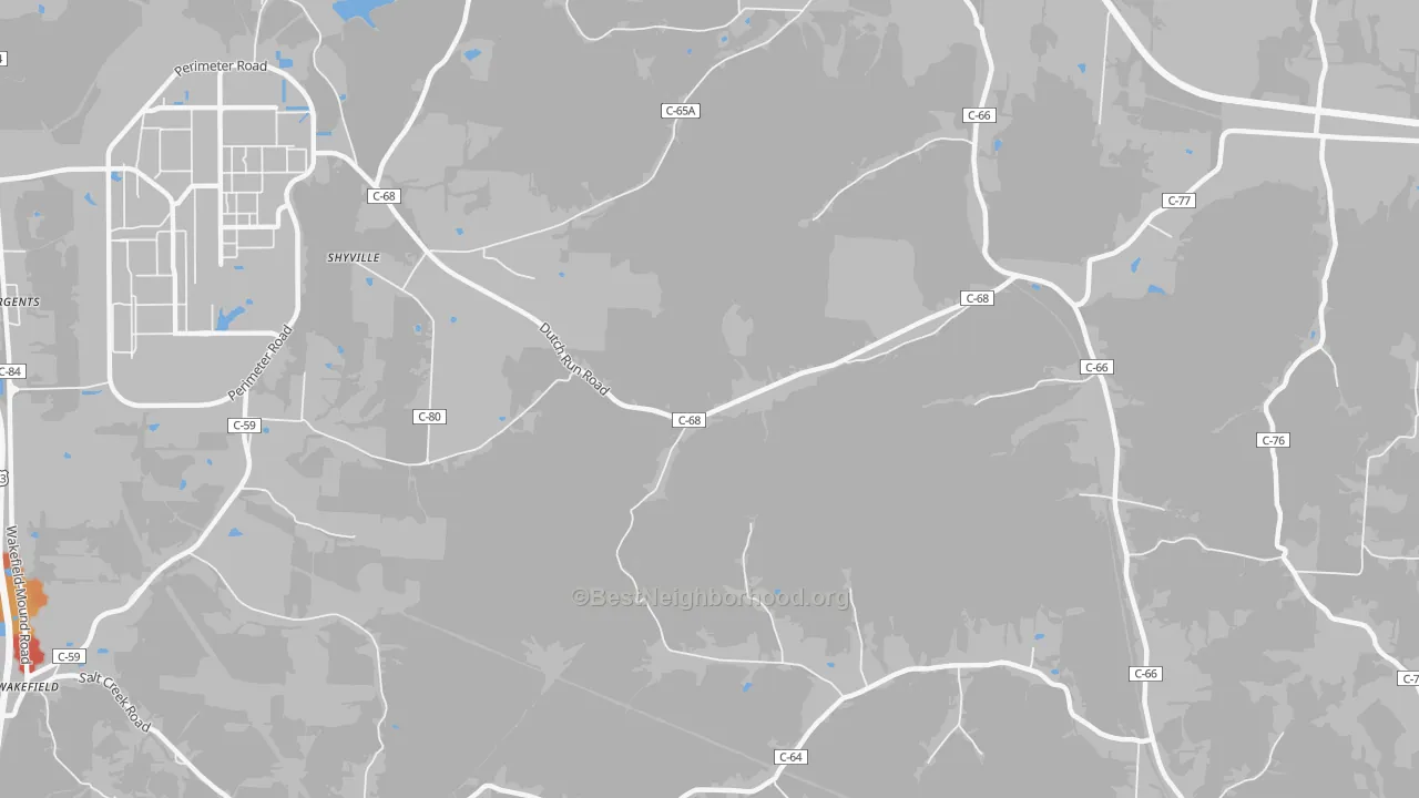 Walk Grade map of Bobo, OH, walkable areas in green and car-dependent areas in red