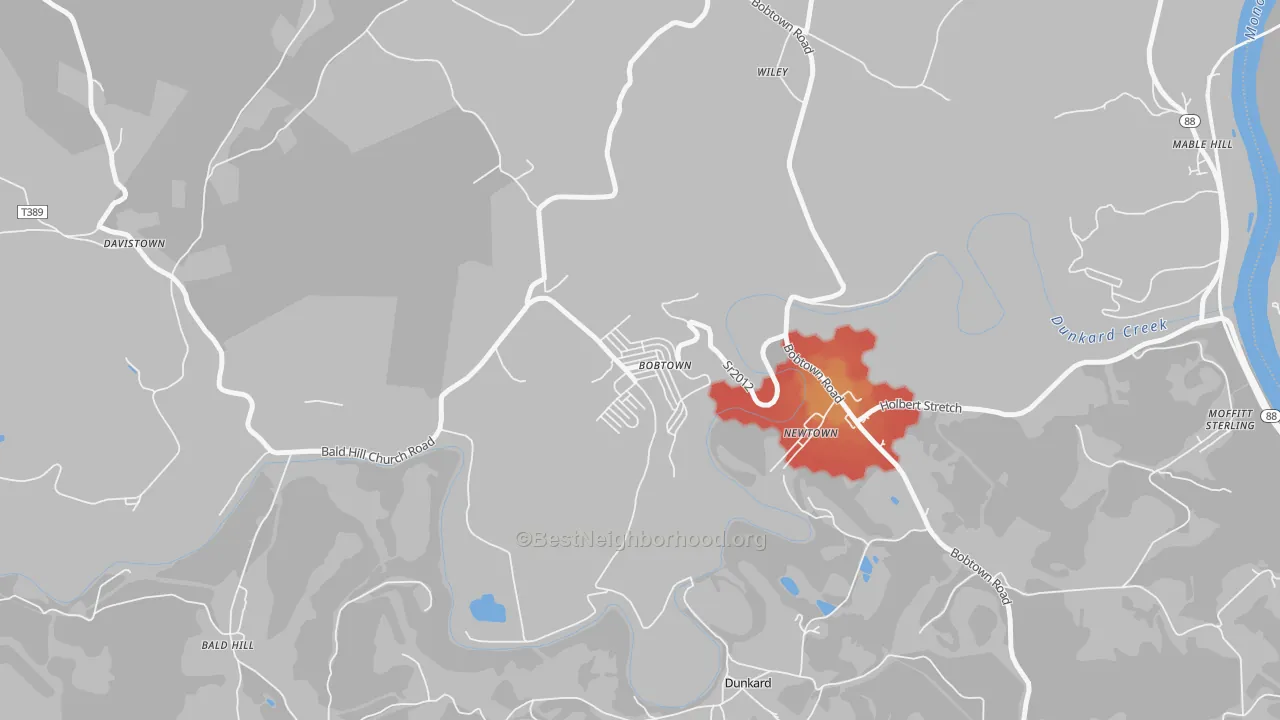 Walk Grade map of Bobtown, PA, walkable areas in green and car-dependent areas in red
