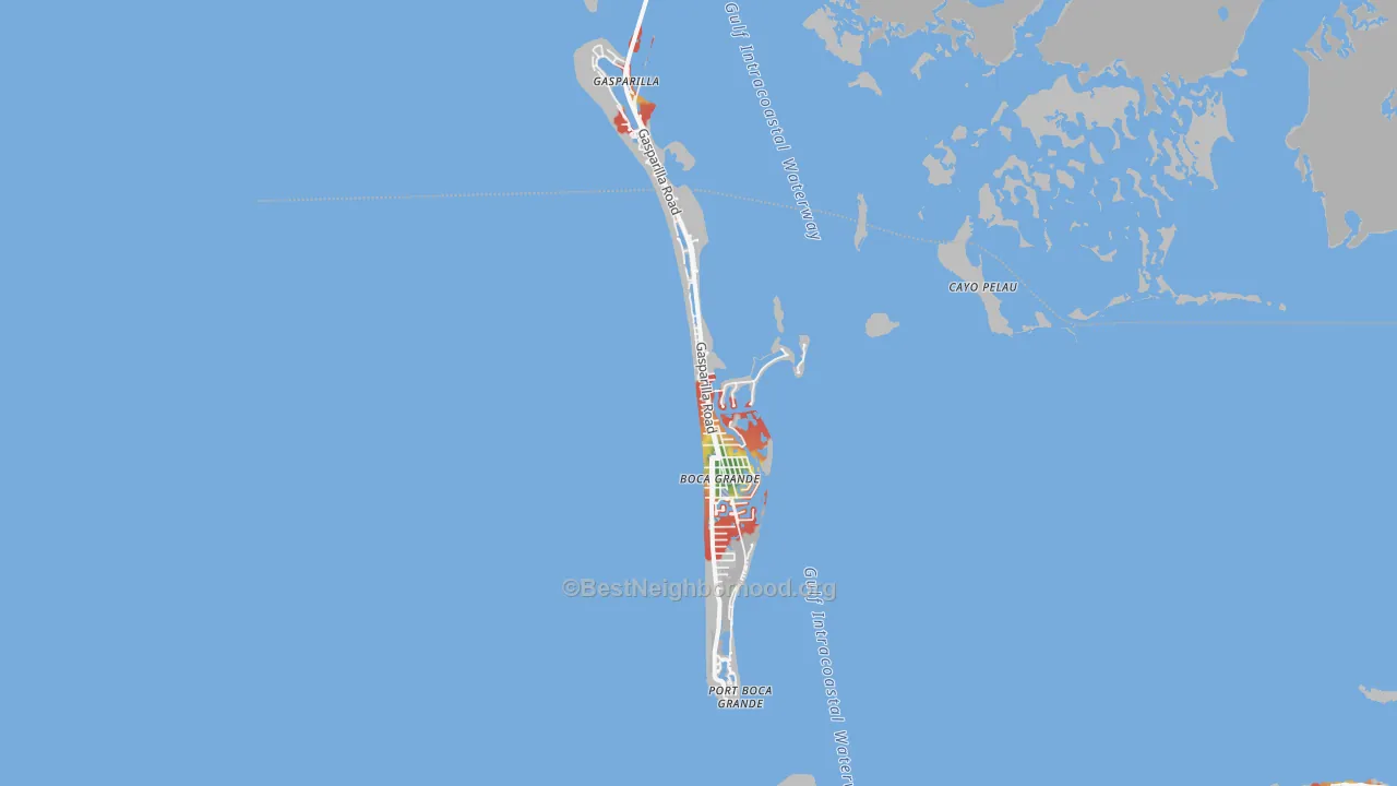Walk Grade map of Boca Grande, FL, walkable areas in green and car-dependent areas in red