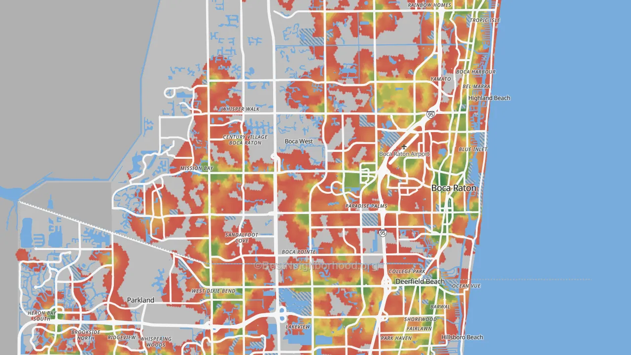 Walk Grade map of Boca Raton, FL, walkable areas in green and car-dependent areas in red