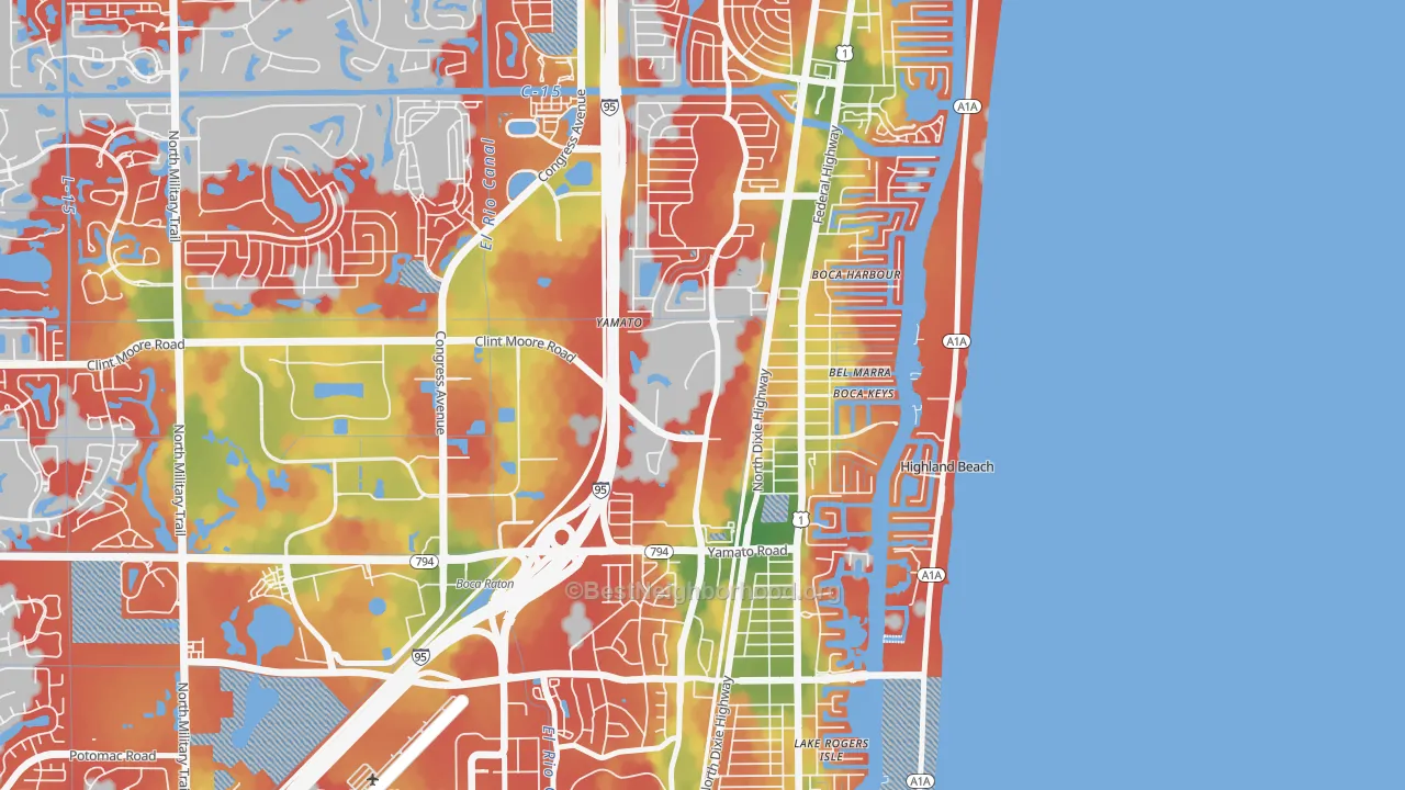 Walk Grade map of Boca Teeca, Boca Raton, FL, walkable areas in green and car-dependent areas in red