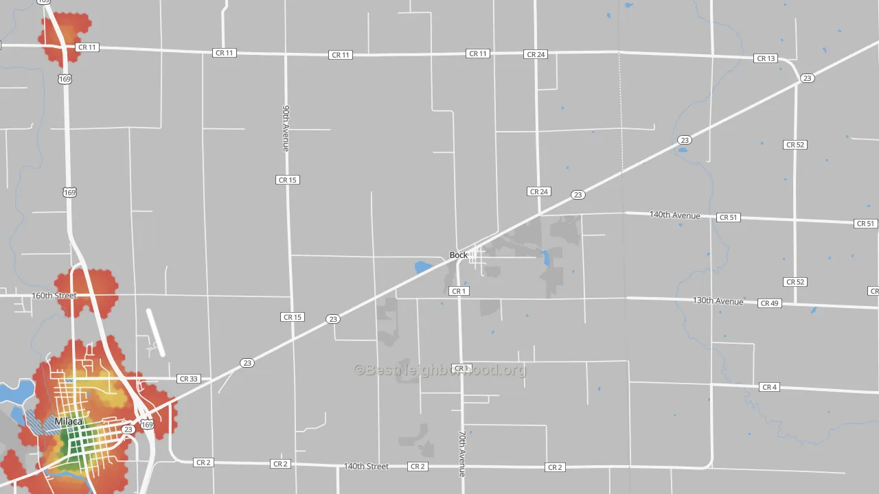 Walk Grade map of Bock, MN, walkable areas in green and car-dependent areas in red