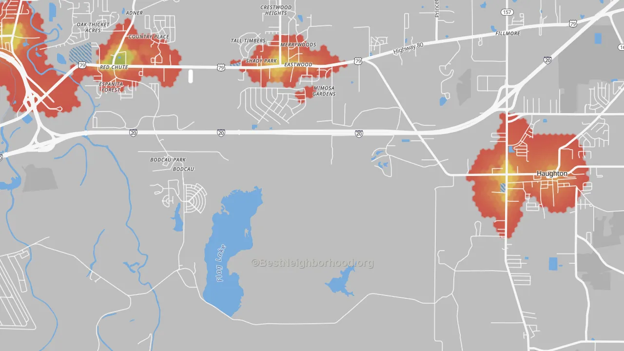 Walk Grade map of Bodcau, LA, walkable areas in green and car-dependent areas in red