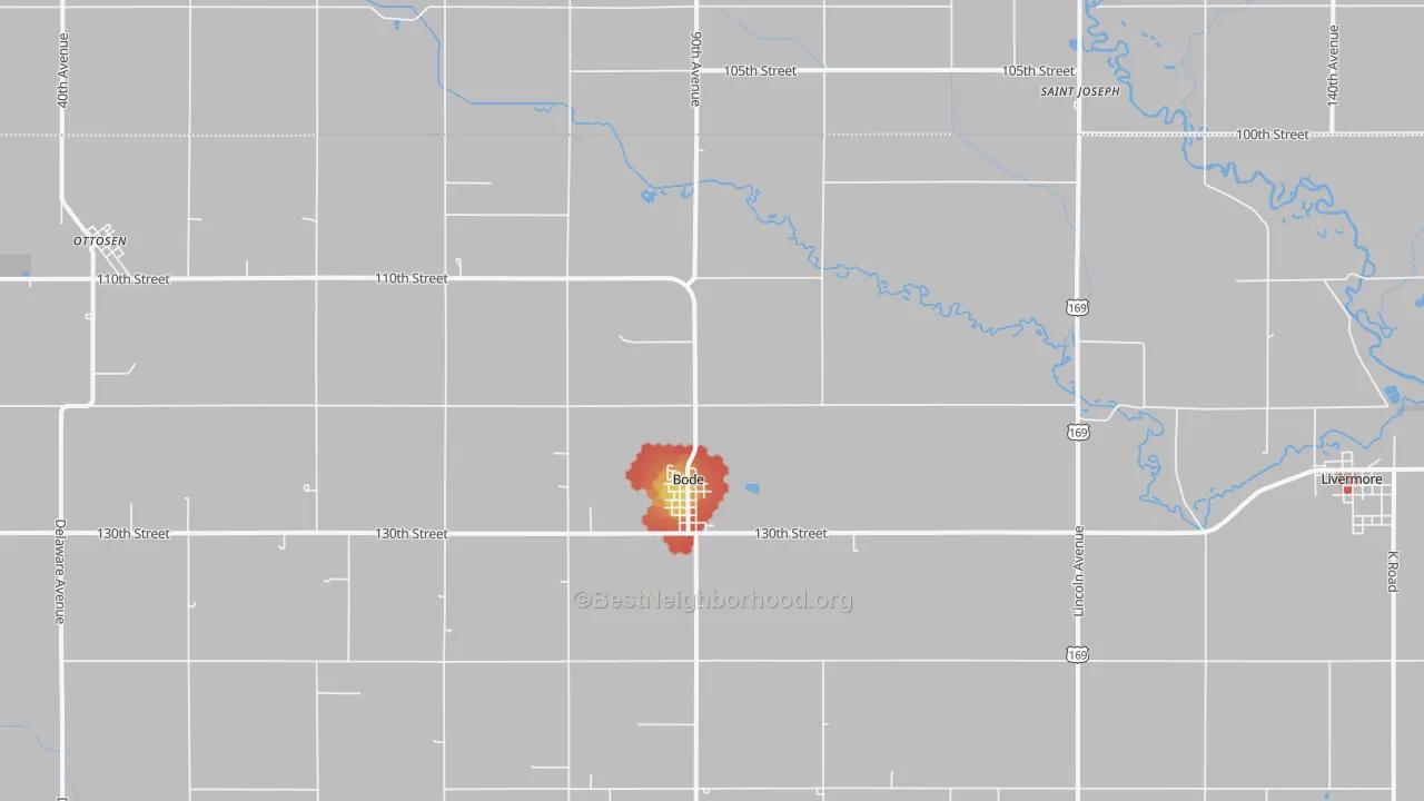 Walk Grade map of Bode, IA, walkable areas in green and car-dependent areas in red